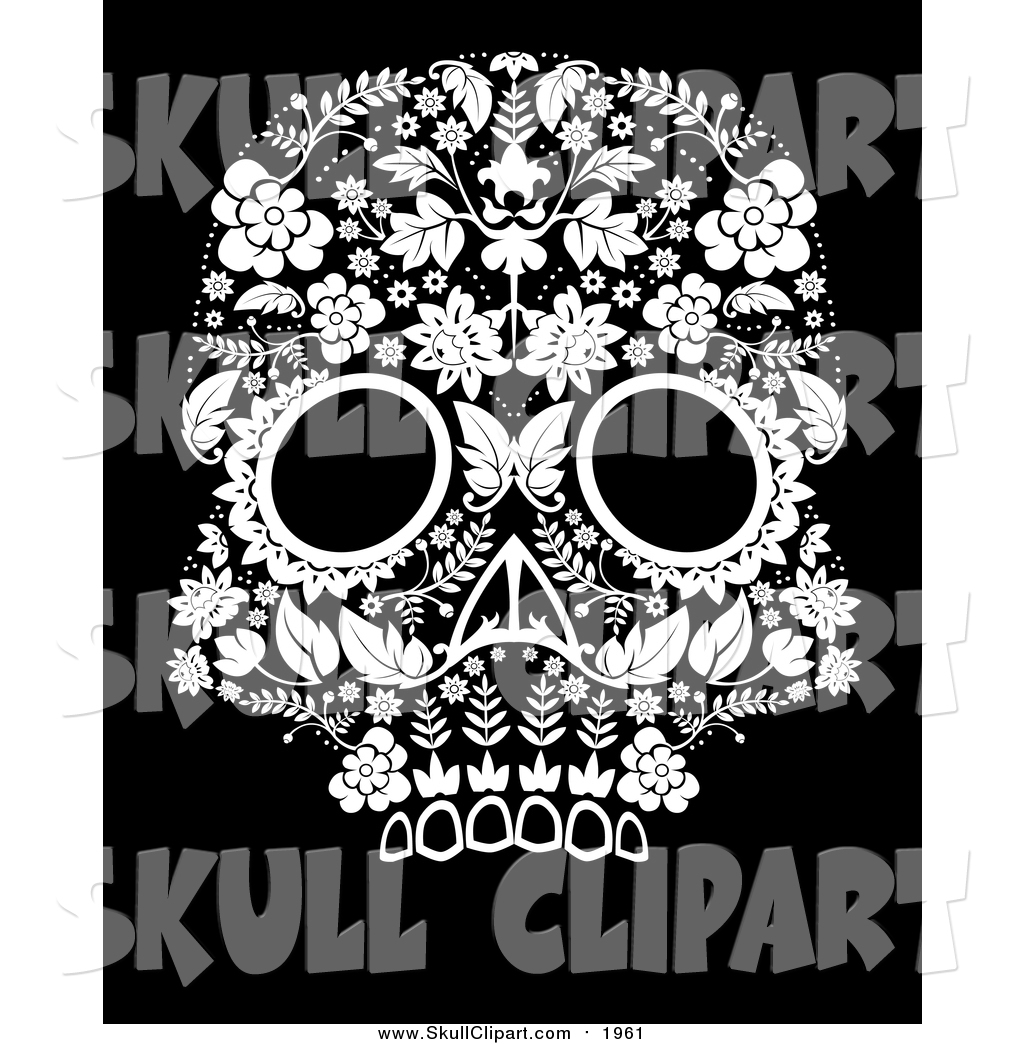 Vector Clip Art of a Flowered Day of the Dead Skull on Black by.