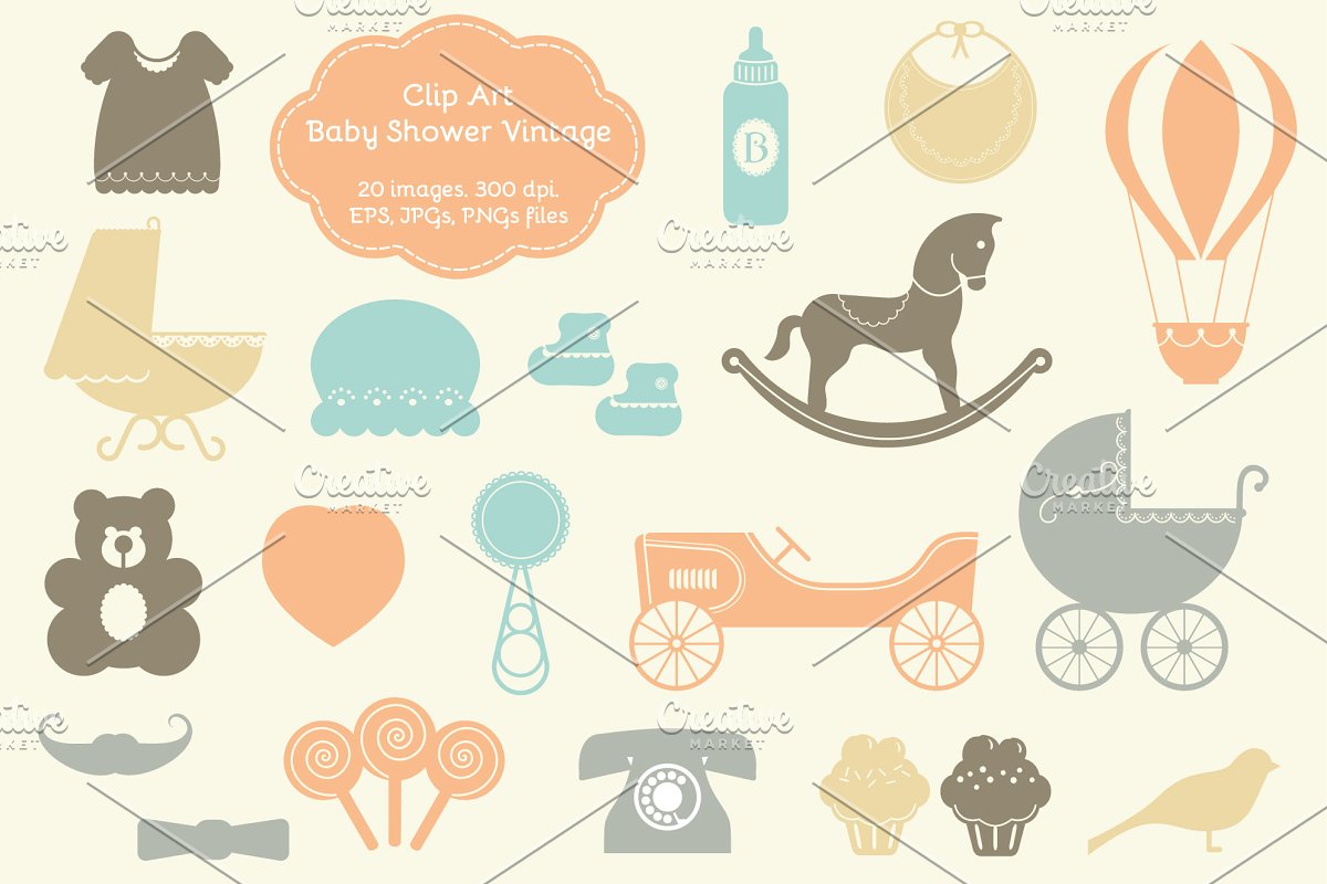 20 Baby Shower Vintage Elements ~ Illustrations ~ Creative.