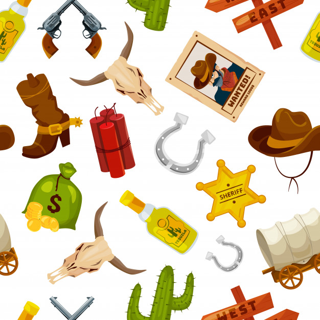 Cowboy, boots, guns and other wild west objects in cartoon.