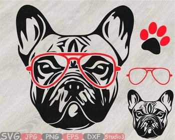 French bulldog whit Glasses Silhouette SVG clipart Head Dog paw Family Pet  819S.