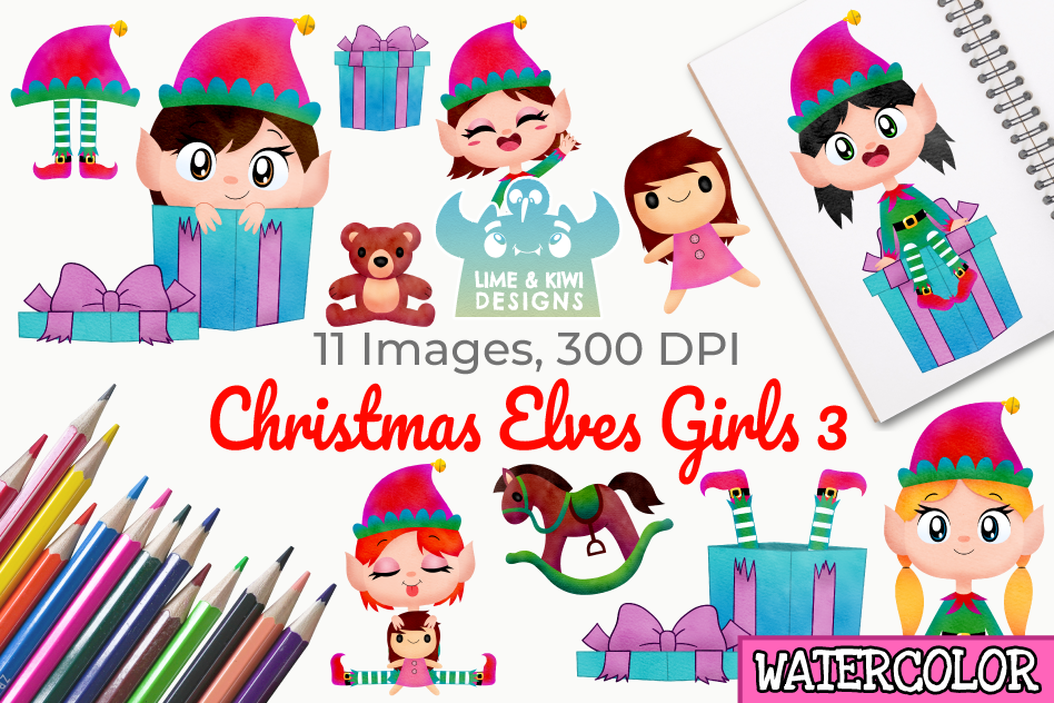 Christmas Elves Girls 3 Watercolor Clipart, Instant Download.