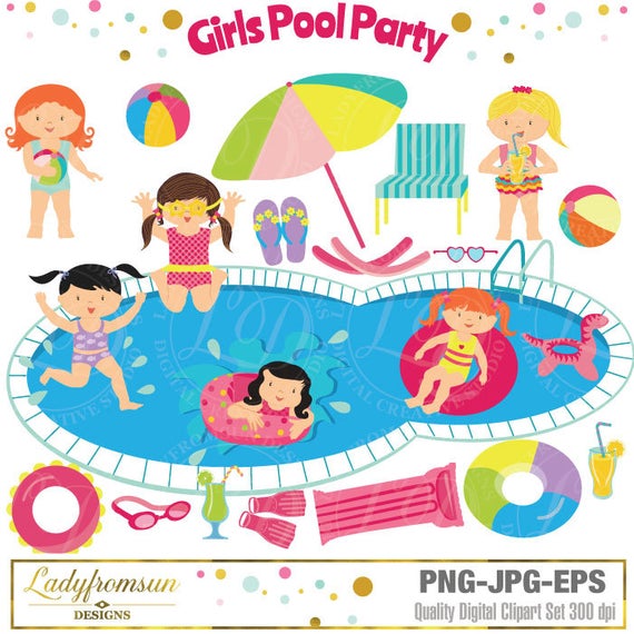 Girls Pool Party Clipart, Pool Party Clip Art, Summer Party.