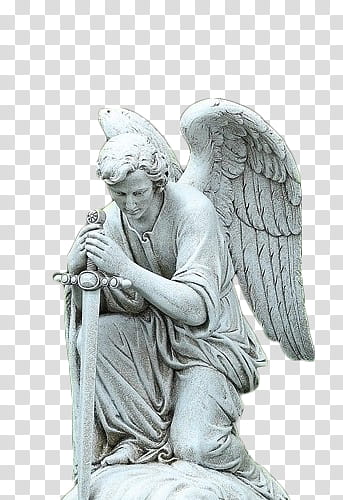 Male kneeling angel holding sword statue transparent.