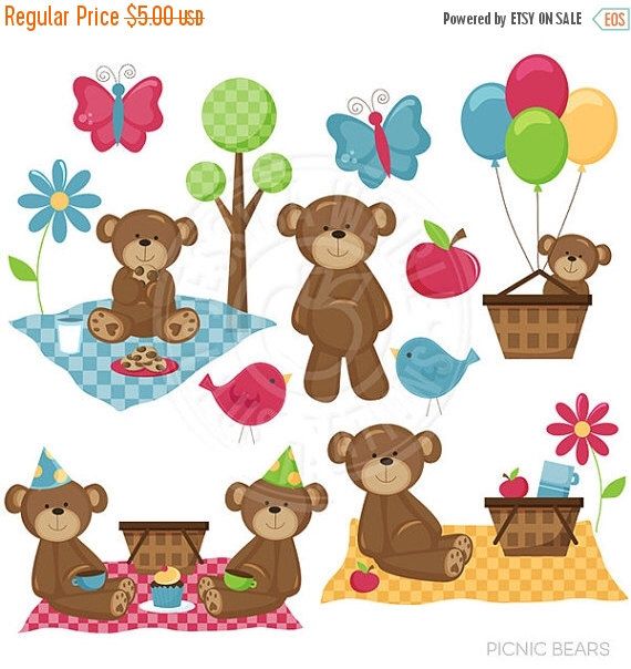 Picnic Bears Cute Digital Clipart.