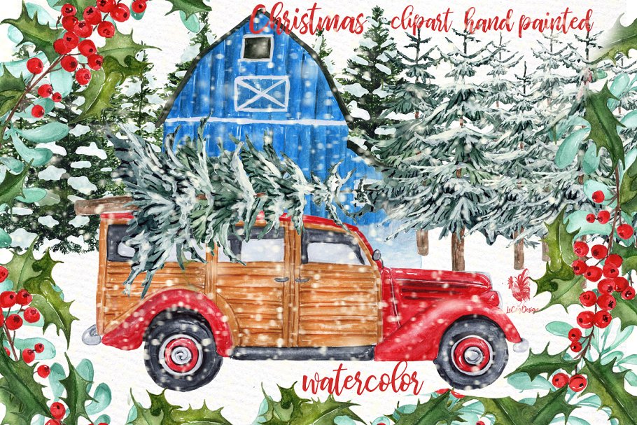 Watercolor Christmas Vintage Car ~ Illustrations ~ Creative.