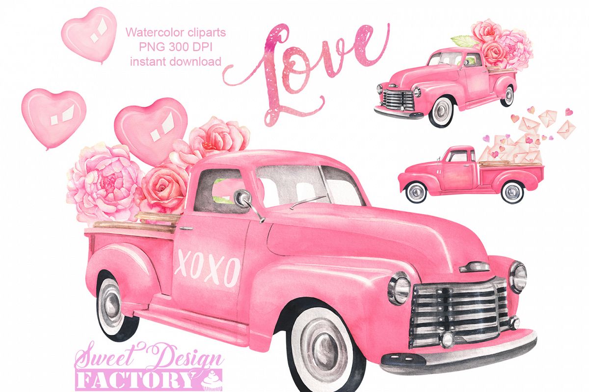 Valentines day truck watercolor clipart.