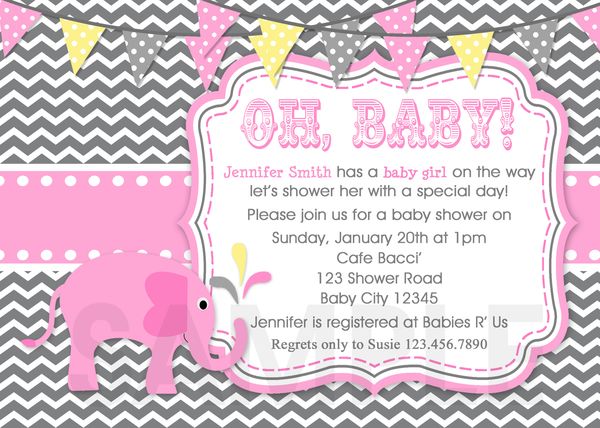 Elephant Chevron Baby Girl Shower Invitation.