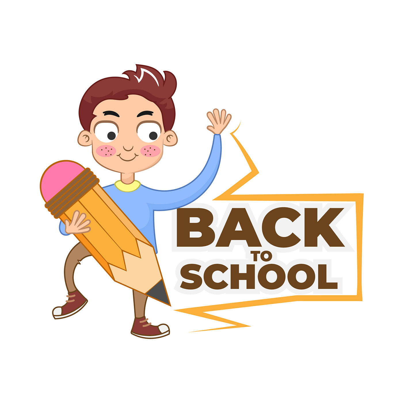 Back to School cartoon character holding pencil.