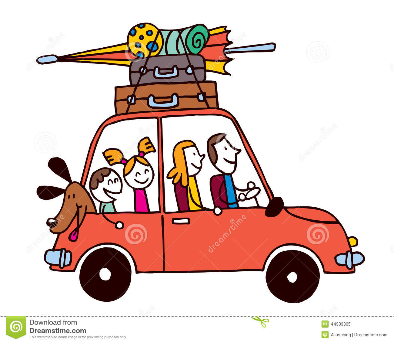 Family Of Four Vacation, Car With Luggage Travel Vector.