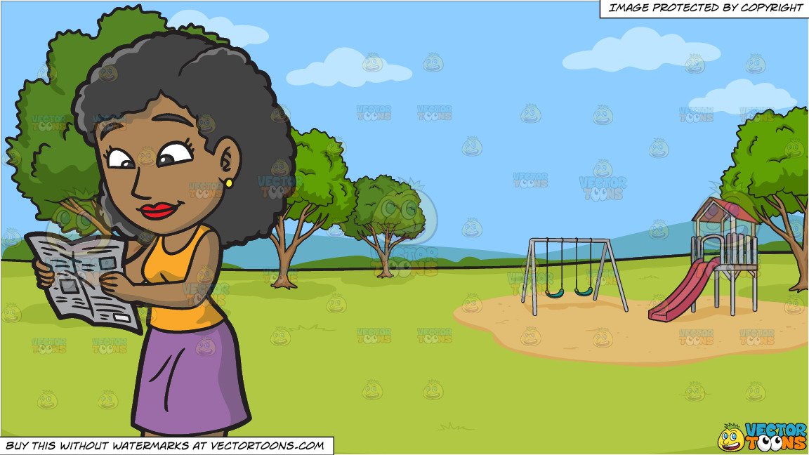 A Black Woman Reading The Newspaper and A Park With Slide And Swings  Background.