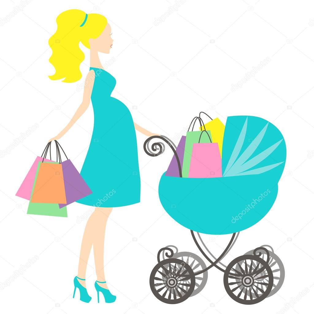 Vector of modern pregnant mommy with turquoise blue vintage baby.