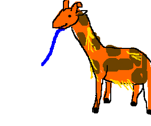 A giraffe with feathers has a blue tongue. (drawing by Susan5797).