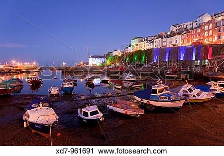 Stock Photography of England Devon Brixham Marina at night xd7.