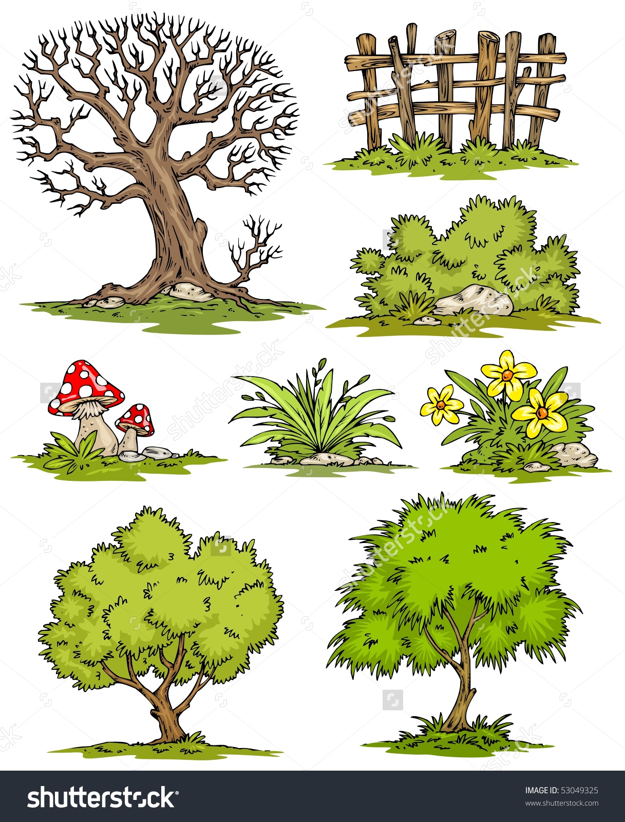 Cartoon Trees Flowers Bushesclipart Color Stock Vector 53049325.