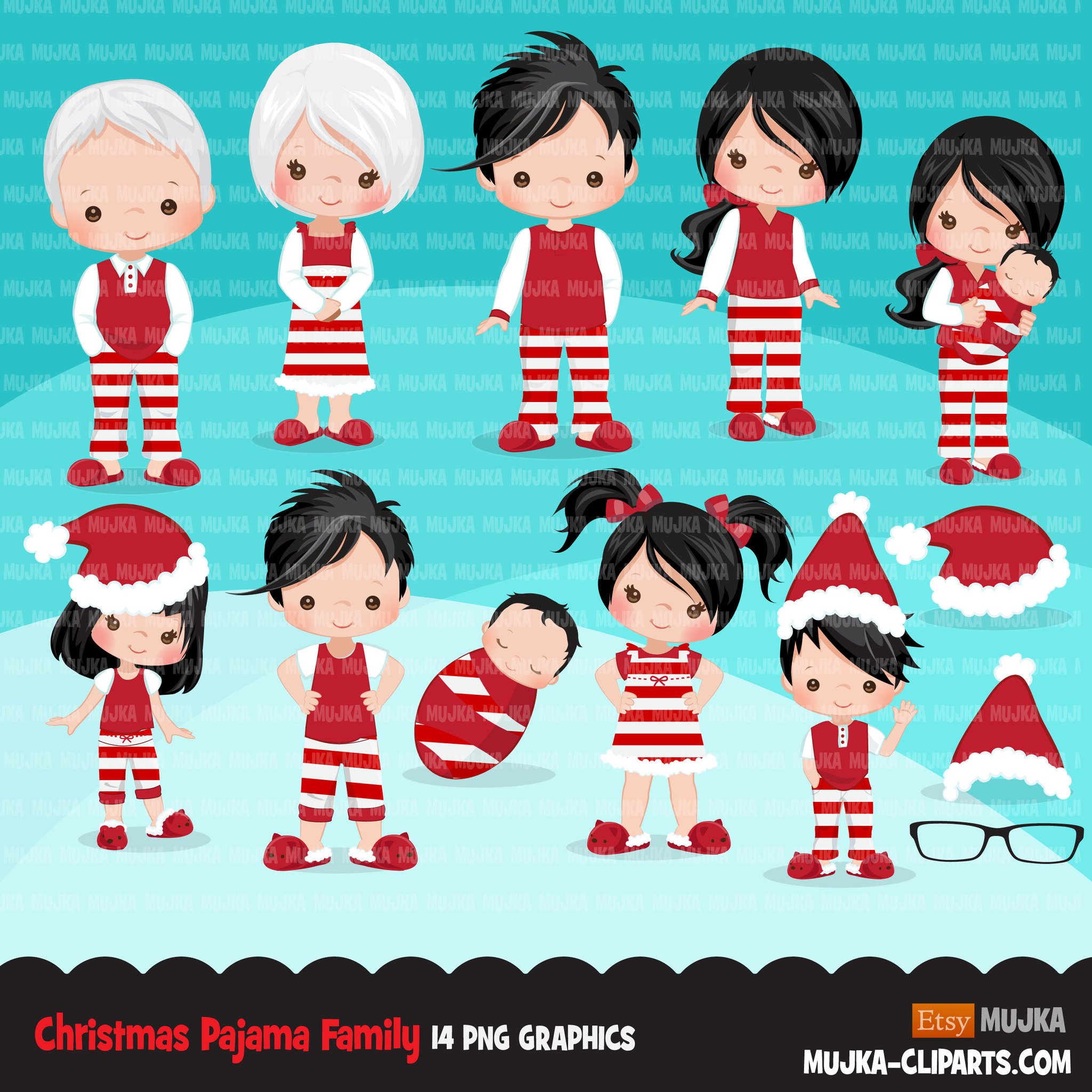 Christmas Pajama family clipart, portraits, mom, dad.