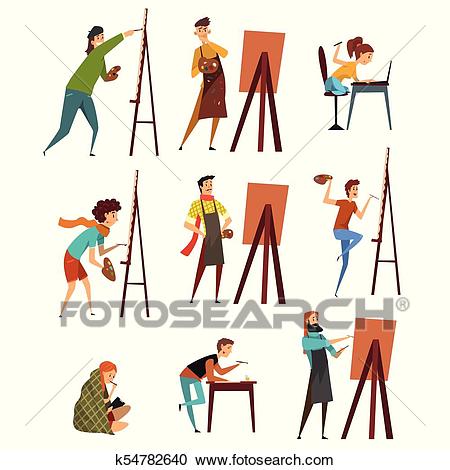 Artists painting on canvas set, painter characters vector Illustrations  Clipart.