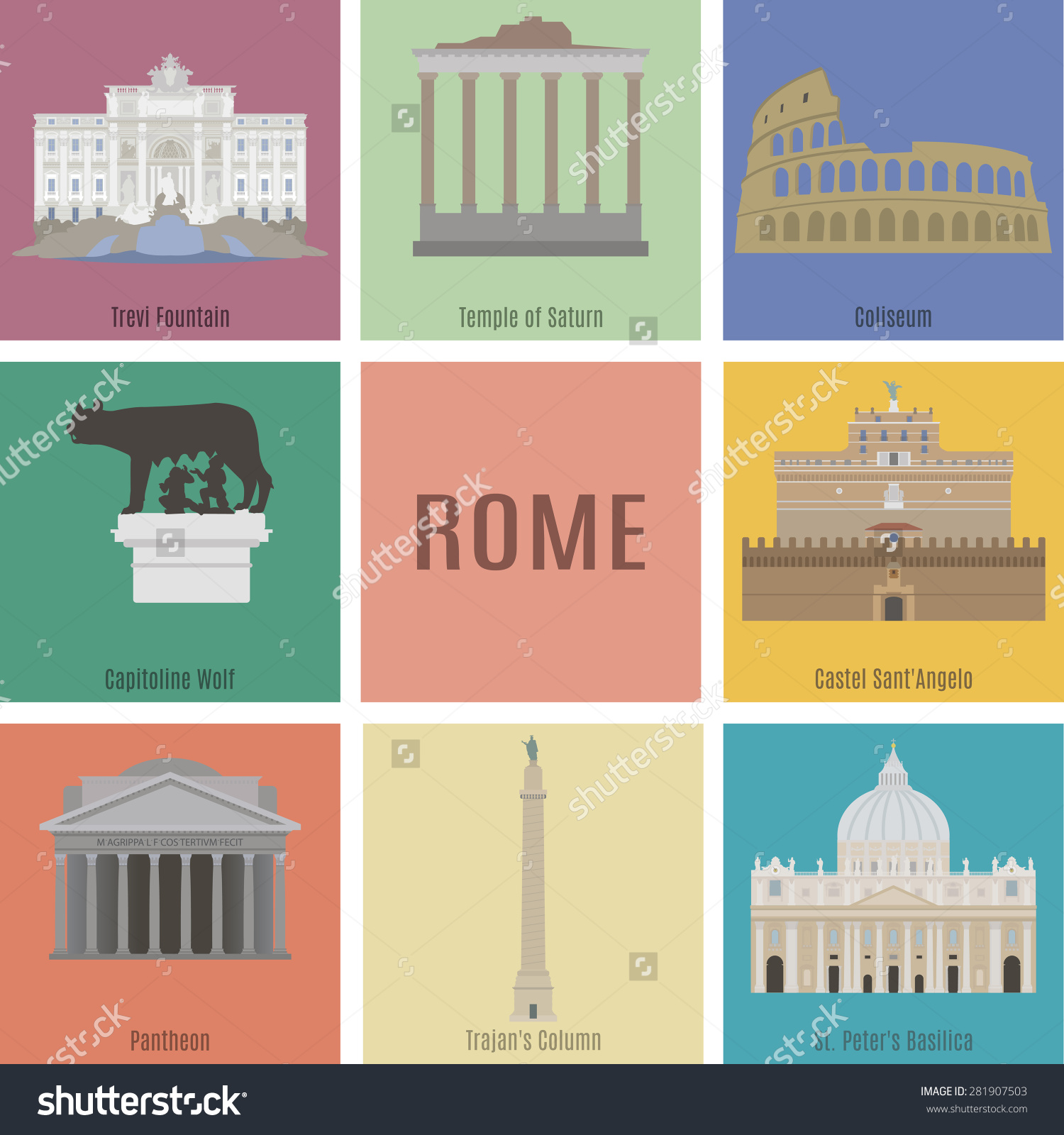 Symbols Rome Trevi Fountain Temple Saturn Stock Vector 281907503.