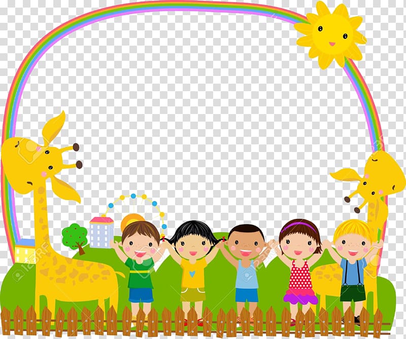 Children and giraffes raising hands illustration, frame.