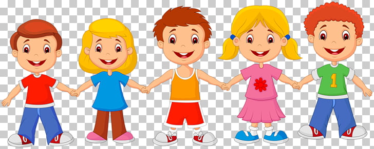 Cartoon Child Drawing , Friends hand in hand, five children.