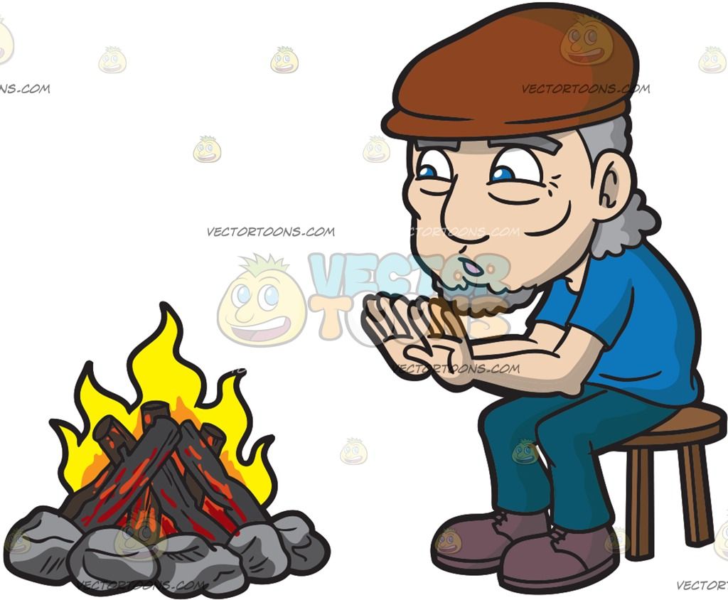 An Old Man Warming Himself Around The Camp Fire : An old man with.