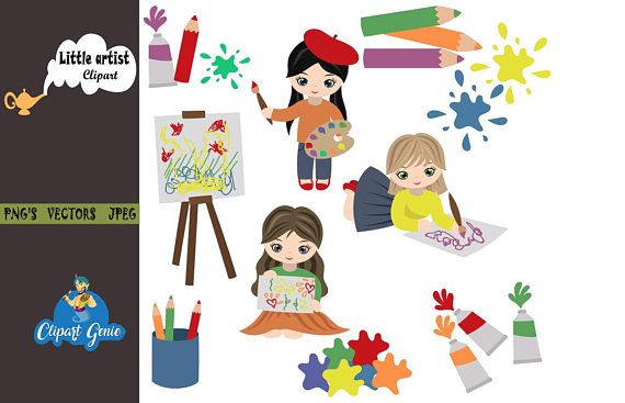 Little artist, Girl drawing clipart, drawing clipart, school clipart.