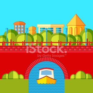 Urban landscape with a brick bridge , river and canal boat.