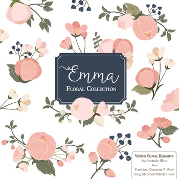 Emma Collection Floral Clipart & Vectors in Navy Blush.