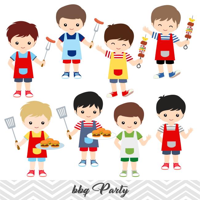 BBQ Digital Clip Art, Kids BBQ Clipart, Boys and Girls Summer Barbecue  Clipart, 00248.