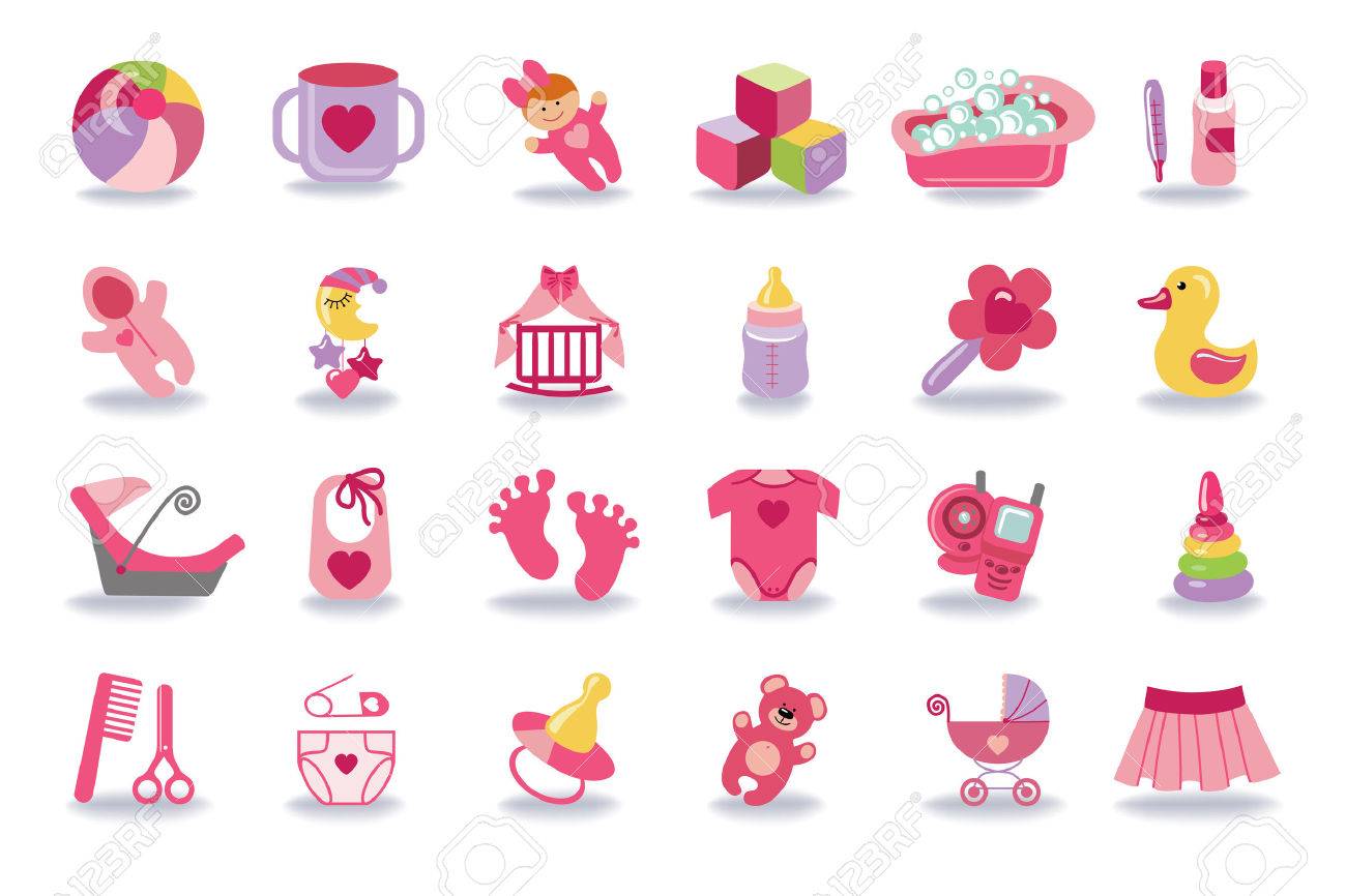 Newborn Baby girl icons set.Baby shower kit.