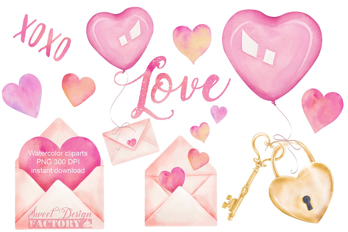 Watercolor Valentine\'s day clipart.