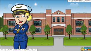 A Confident Female Pilot and The Exterior Of A Public School Background.