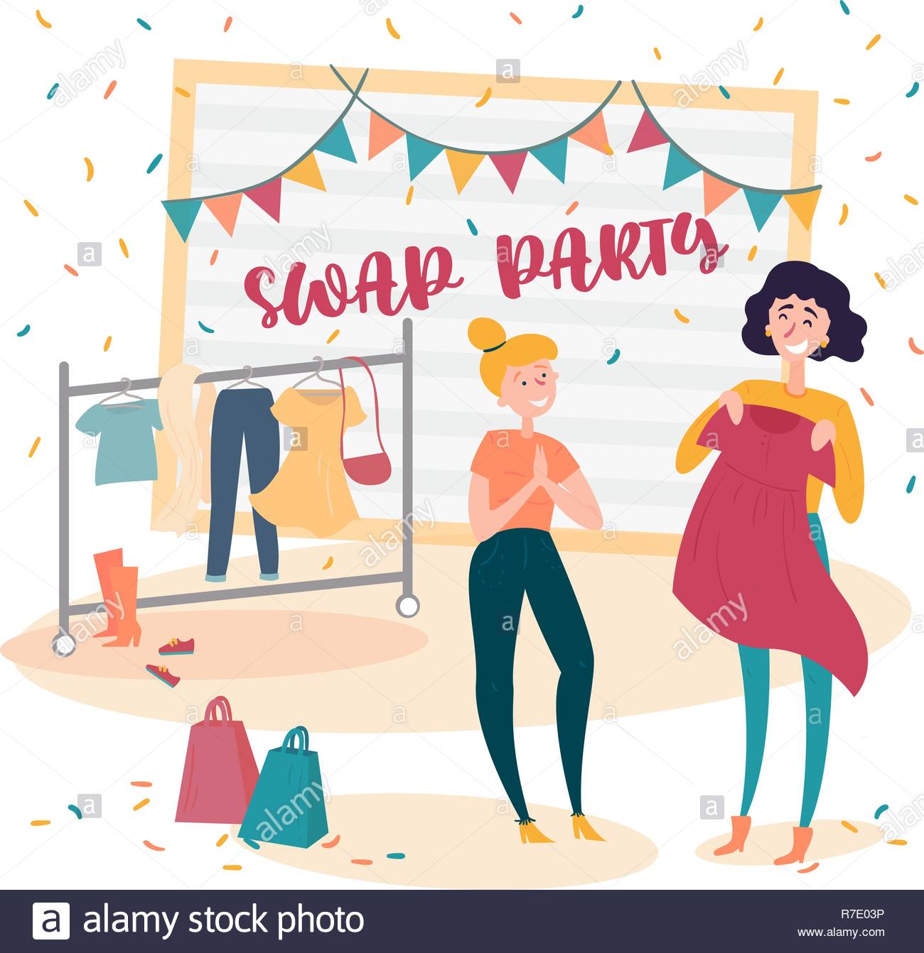 Two young girls at fashion swap party. Exchange Stock Vector Art.