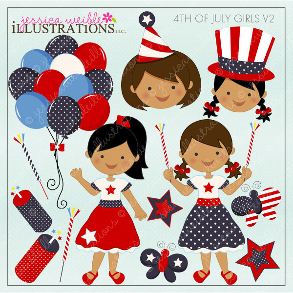 4th of July Girls V2 Dark Cute Digital Clipart for.