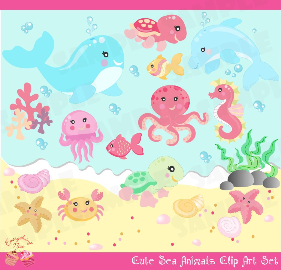 Cute Little Sea Animals Girl Clip Art Set.