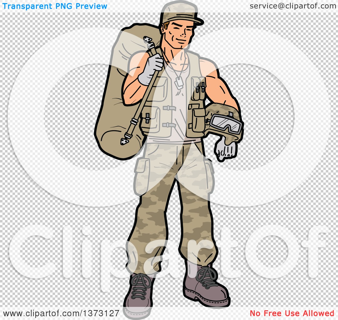 Clipart Of A Young White Male Soldier Carrying Gear.