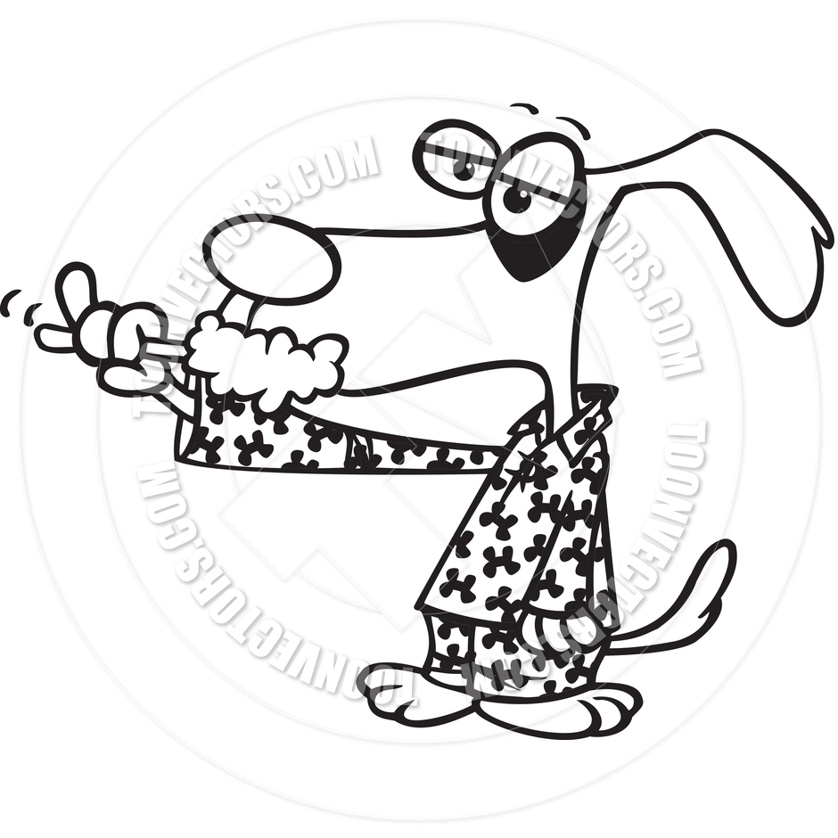 Cartoon Dog Brushing Teeth (Black and White Line Art) by Ron.