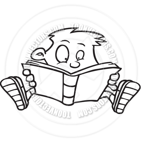 Cartoon Boy Reading (Black and White Line Art) by Ron Leishman.