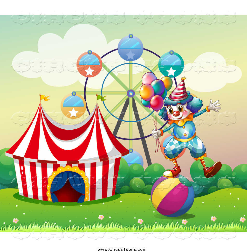 Circus Clipart of a Clown Balancing with Party Balloons on a Ball.