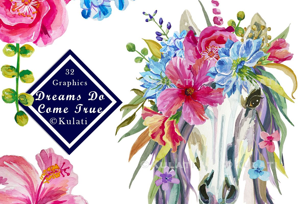 Floral Unicorn Graphics Clipart Illustrations.