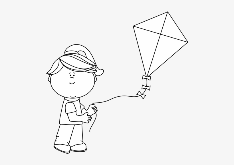 Black And White Girl Flying A Kite Clip Art.