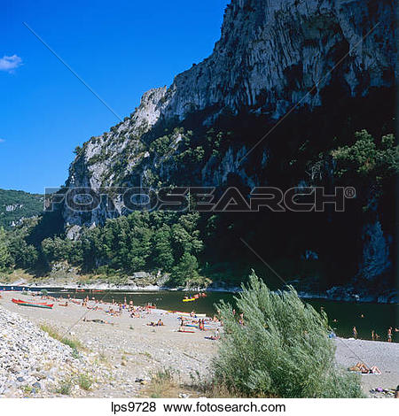 Pictures of PEOPLE ON BEACH AT ARDECHE RIVER BANK GORGES DE L.