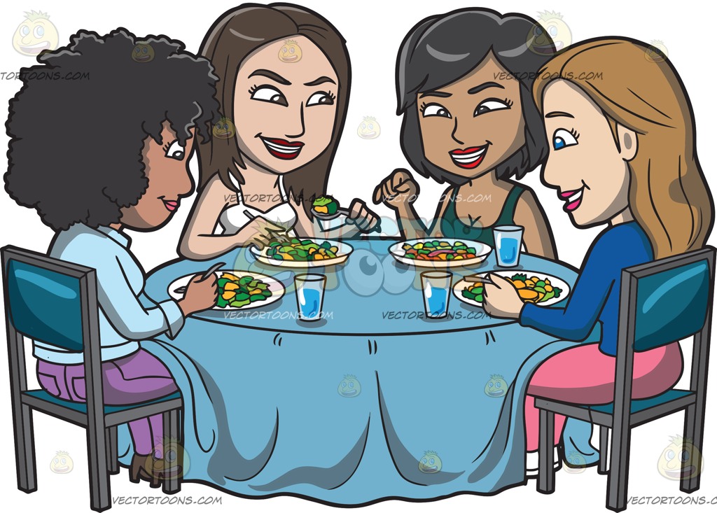 A group of girls gossiping around a healthy meal » Clipart.