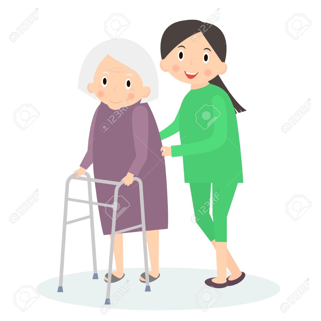 Caring for seniors, helping moving around. Elderly care. Vector.