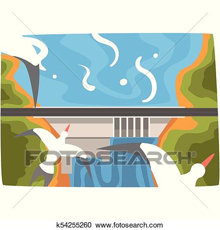 Hydroelectric power station, hydro energy industrial concept, renewable  resources horizontal vector illustration Clipart.