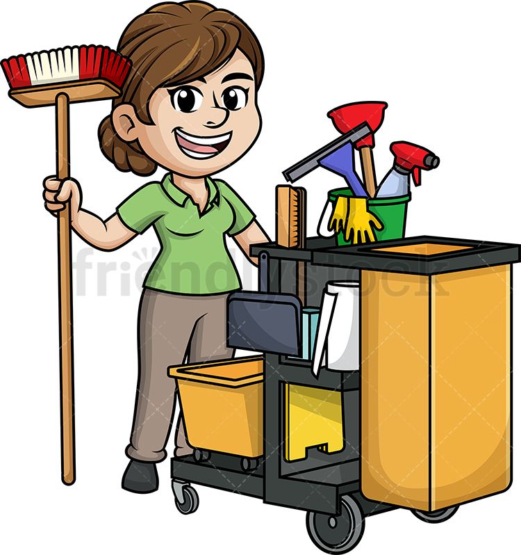 Female Janitor With Cleaning Cart.