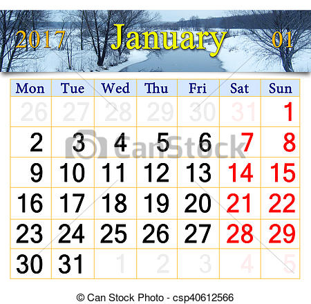 calendar for January 2017 with winter river.