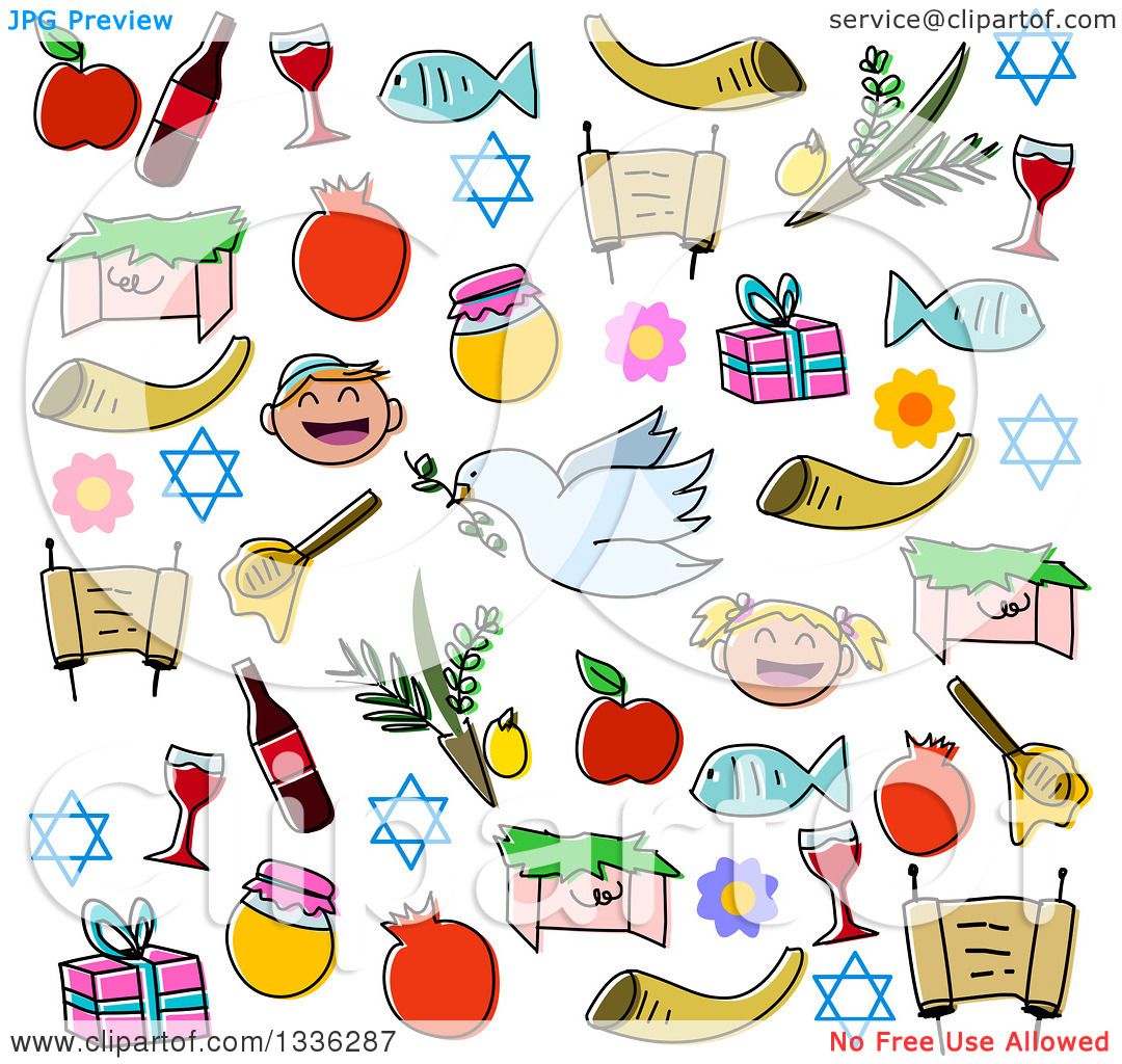 Clipart of Sketched Jewish Rosh Hashanah Items.