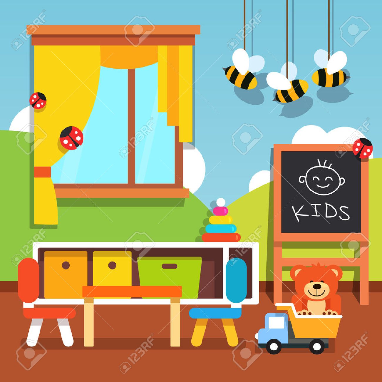 Preschool kindergarten classroom with desk, chairs, chalkboard...