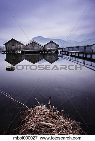 Picture of Germany, Bavaria, Bathhouses on Lake Kochelsee.