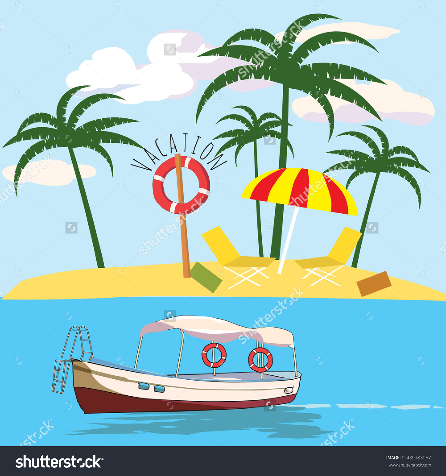 Vacations, Leisure Boat, Palm, Banner, Vector Illustration.